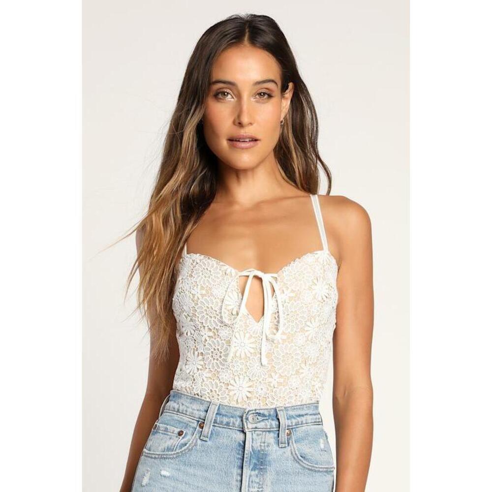 Lulus Lace For Love Beige White Lace Bodysuit - Size L